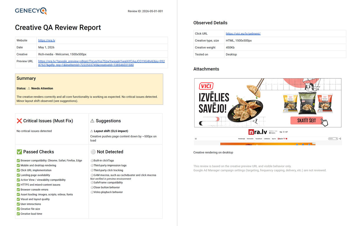 Screenshot from a real Creative QA Review report showing passed checks, suggestions, and creative preview