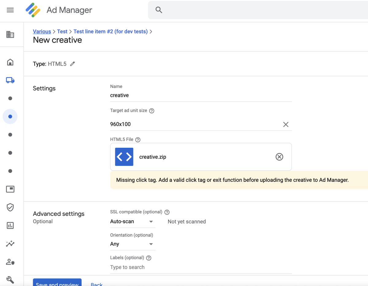 Error message in Google Ad Manager: Missing click tag. Add a valid click tag or exit function before uploading the creative to Ad Manager.